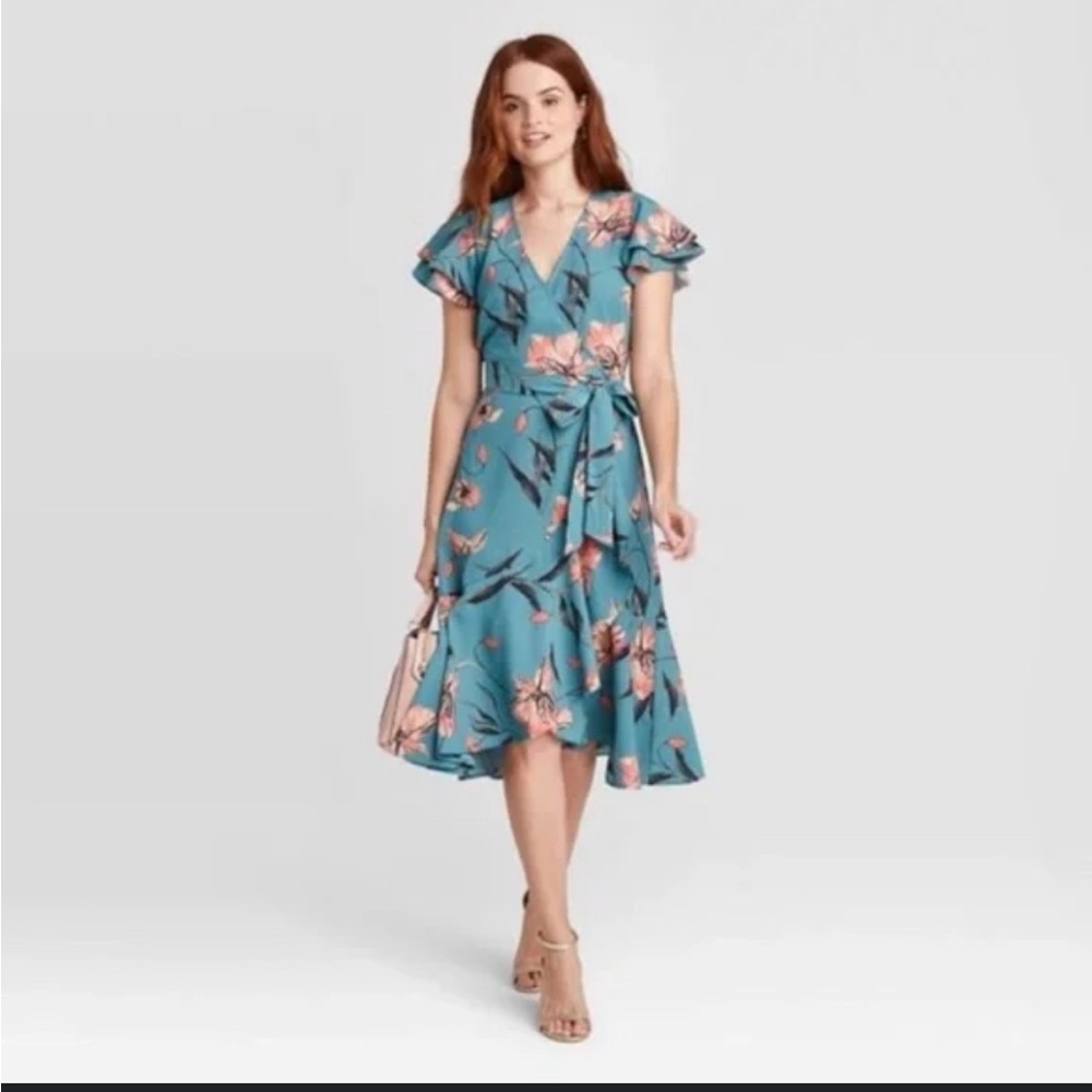 A New Day Blue and Pink Midi Sundress with Flutter Sleeves